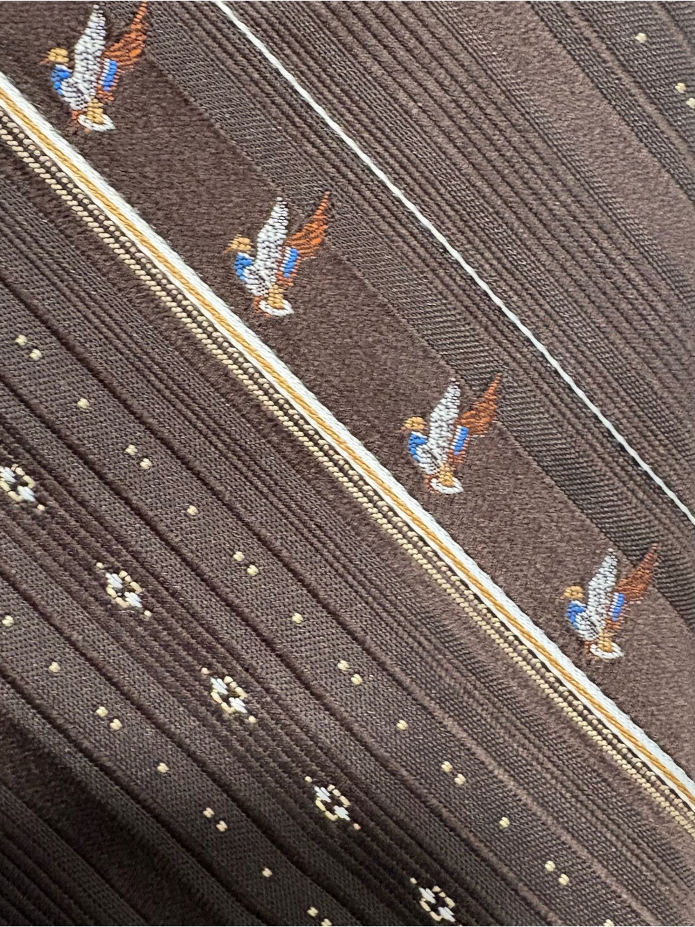 Vintage Via Re Men's Brown Striped Tie Mallard Duck Bird Hunting Novelty